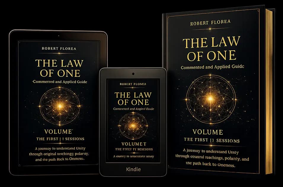 The Law of One Volume I displayed on tablet, Kindle, and premium edition